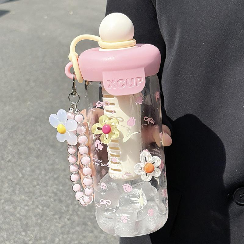 Söta Blomster Te-glas med Rosett och Sugrörsflaska Kaffekoppar för Kall Dryck Dam Glas Tumbler Juice Mjölkte Vattenavskiljare Dryckeskärl Kopp
