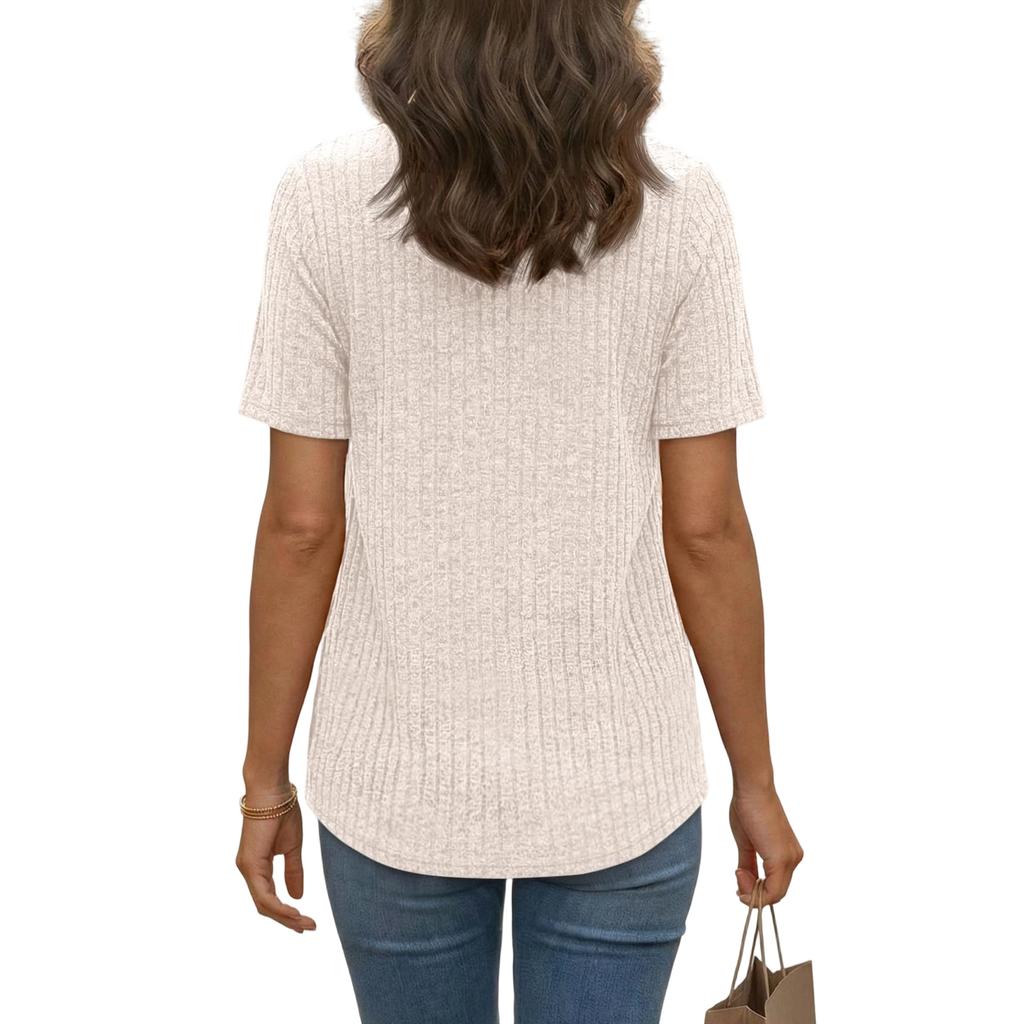 Women's Summer New Short-Sleeve V-Neck T-Shirt Loose Casual Pleated Top