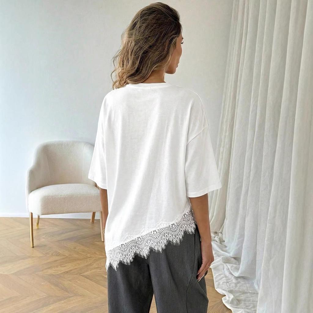 Women White Oversized T-Shirt with Lace Trim Asymmetric Hem