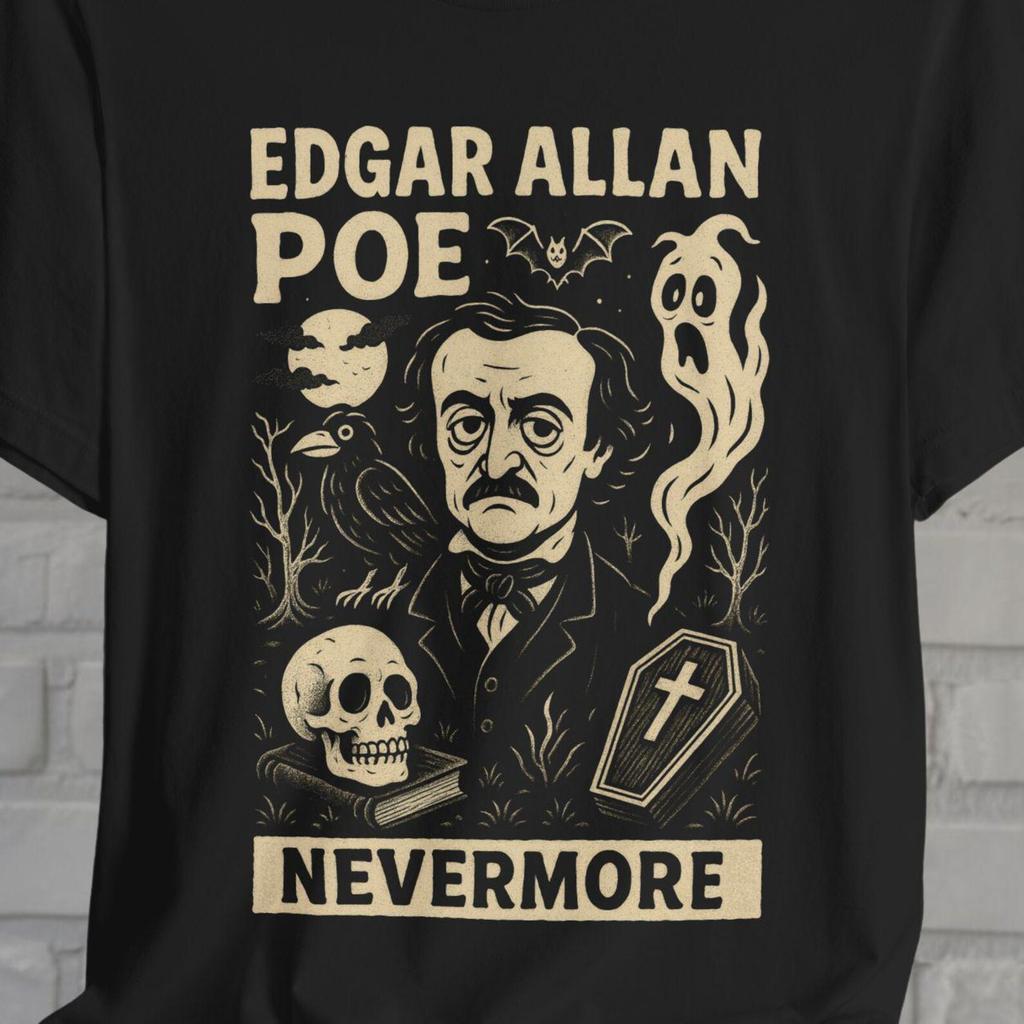 Edgar Allan Poe T-Shirt Nevermore Comic Style Tee Raven Graphic Shirt Black Tee Gothic Horror Style Gift For Literature Lover