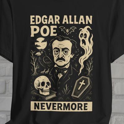 Maglietta Edgar Allan Poe Nevermore Stile Fumetto Maglietta con Grafica Corvo Maglietta Nera Stile Horror Gotico Regalo Per Amante della Letteratura