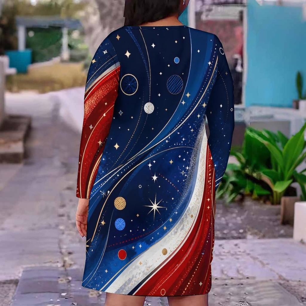 Women Plus Size V Neck Long Sleeve Navy Blue Red White Printed Fitted Straight Dress