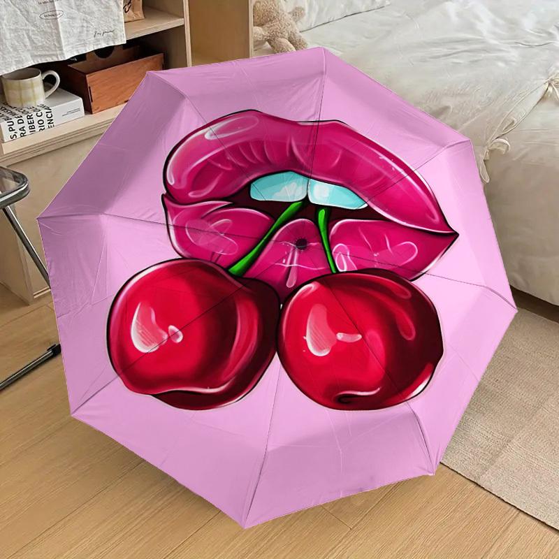 1pc Lips Cherry Automatic Open/Close Umbrella Compact Folding Umbrella with 8-Rib Shaft for Women/Men, Elegant Birthday1122S
