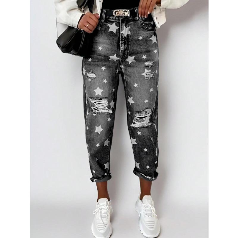 

Женские рваные брюки с набивным рисунком и прямые повседневные джинсы XXS чёрный