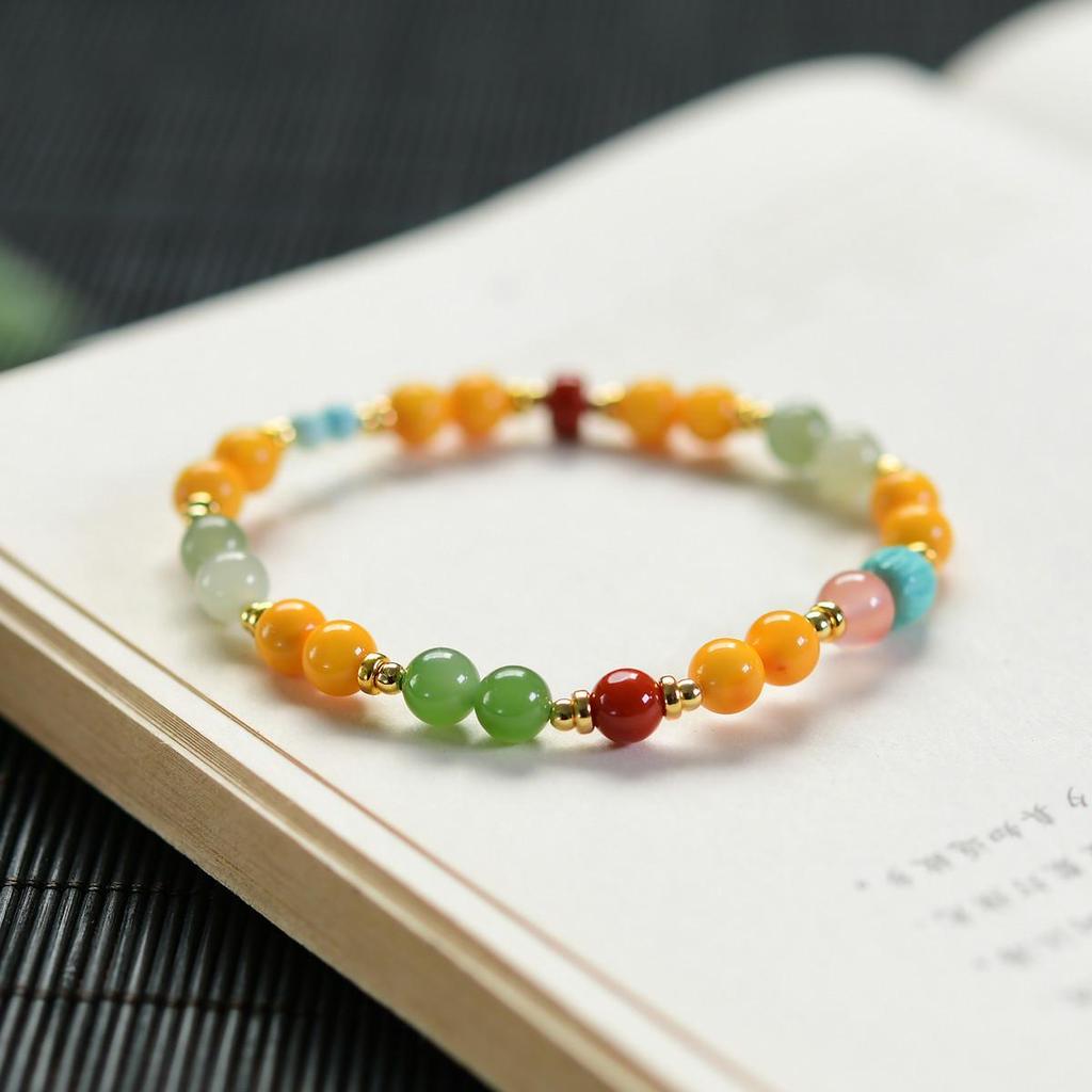 Natural Hetian Jade & Amber Multi-Gem Bracelet with 925 Silver and Southern Red Agate Beads
