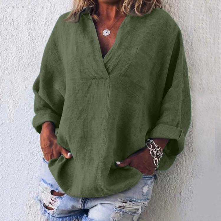 Lässiges Leinen Baumwolle V-Ausschnitt Langarm Pullover Top Damenmode