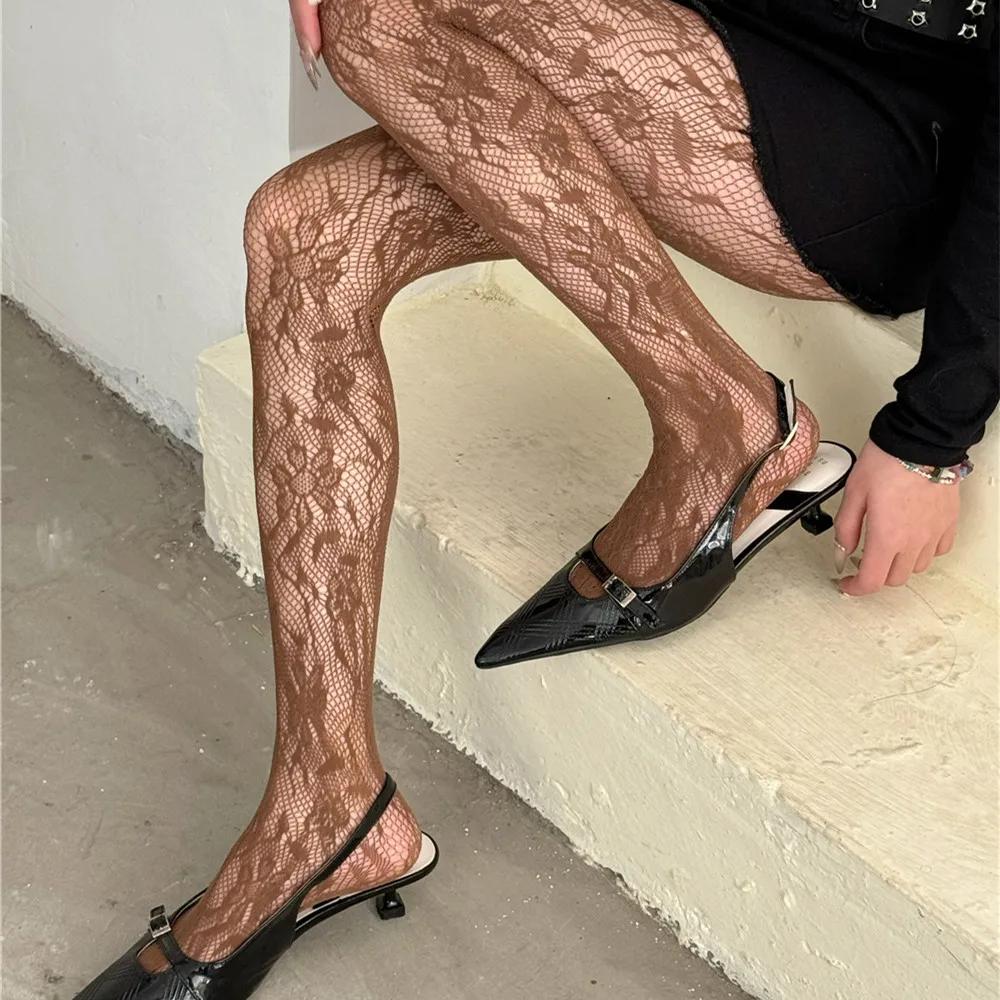 Spicy Girl Y2K Style Flower Mesh Socks Colorful Embroidered Hollow Out Women's Pantyhose Sexy Vintage Lace Long Socks
