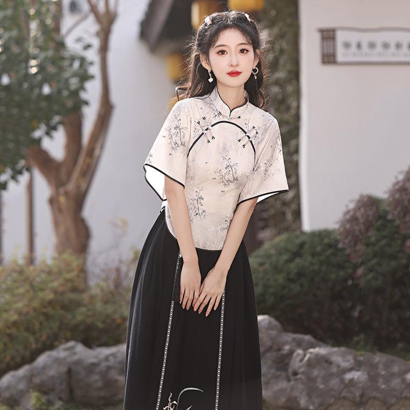 Chinese Style New Chinese Style Daily Improvement Cheongsam Top Two-piece Suit Skirt Young Girl Retro Short Sleeve Spring and Summer
