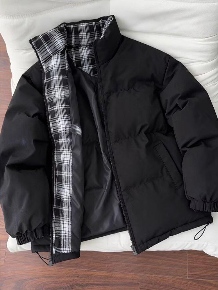 

Men s Black Plaid Patchwork Stand Collar Cotton Puffer Jacket - Winter Warm Outerwear 5XL чорний