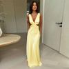 Deep V-neck Hollow Long Dress Sleeveless Slit Beach Vacation Dress Solid Color High Waist Dress
