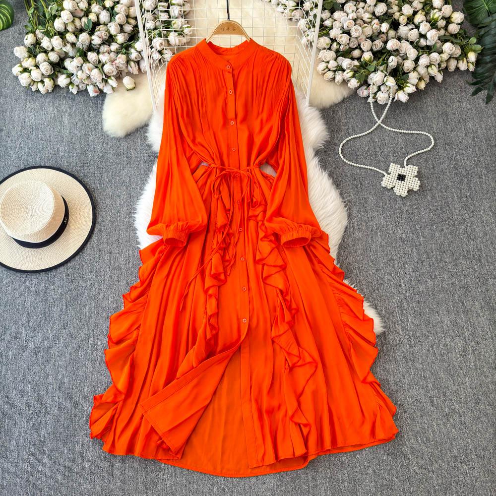 Jemný styl Temperament Bublinkové rukávy Stojáček Stahovaný pas Áčkový střih Volánový okraj Šifonové šaty Elegantní Velká kolová Dlouhé šaty