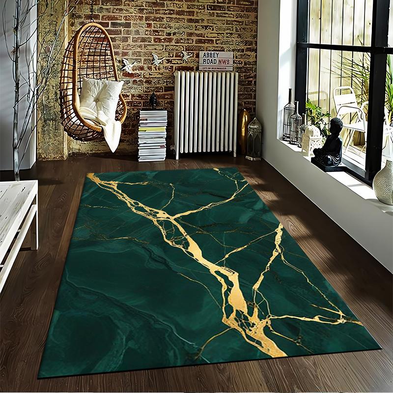 Green Marble Pattern Carpet with Gold Veins, Modern Luxury Decor Rug Suitable for Use As an Anti-slip for Living Room Bedroom Sofas
