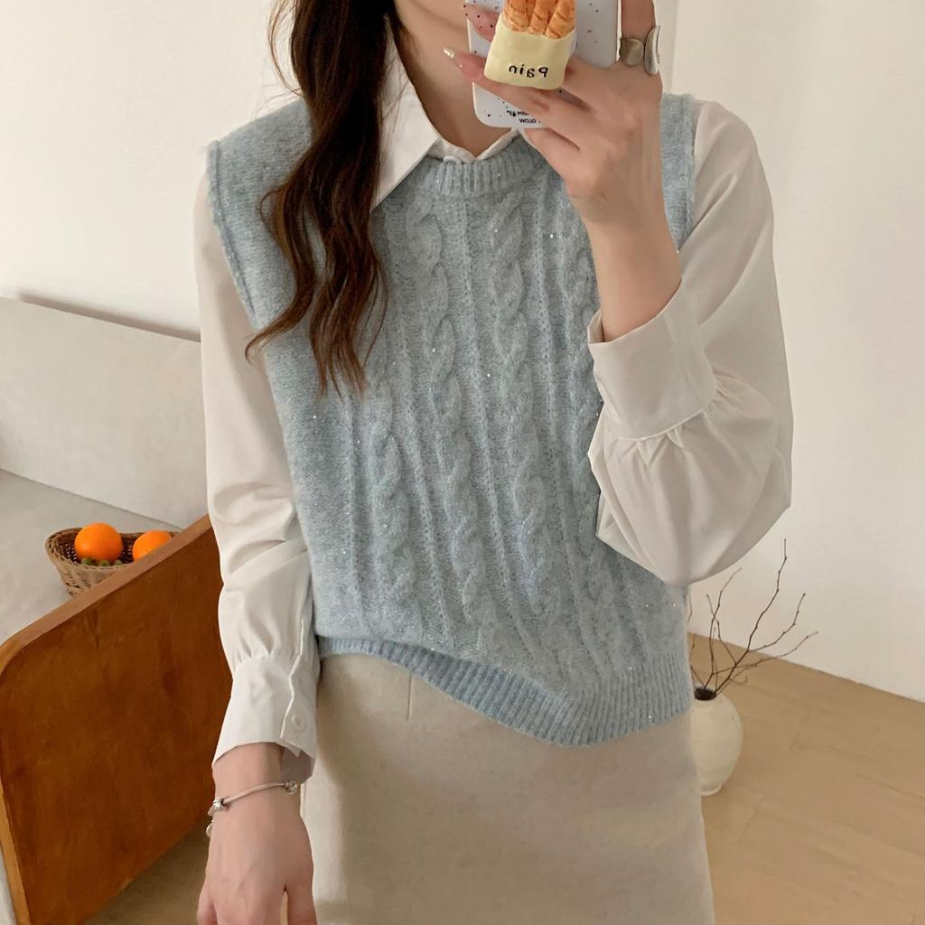 Dámské podzimní a zimní pletené vesty s kulatým límcem s kroucenými flitry