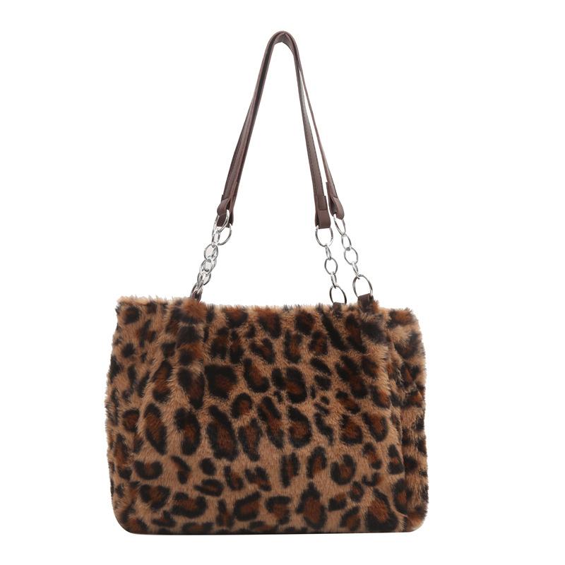Simple and large-capacity leopard print bag 2025 new trendy fashion plush tote bag fashion chain portable shoulder bag