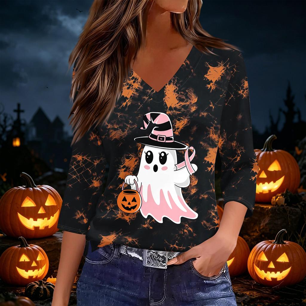 Women's Halloween Print V-Neck Three-Quarter Sleeve Top Casual Blouse for Party