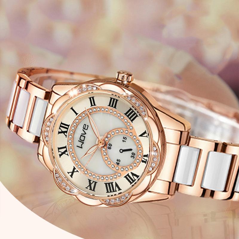 Langjue Diamantbesetzte Uhr Damen Spitze Zifferblatt Imitation Keramik Damen Uhr Mode Temperament Quarz Uhr
