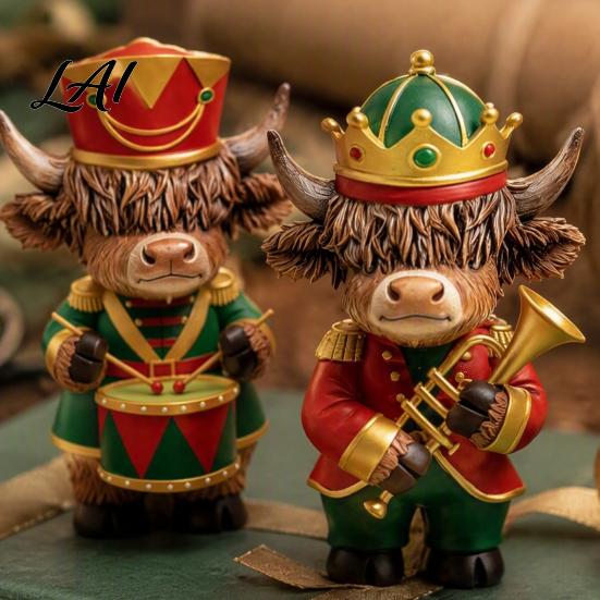Exquisite Christmas Collectibles 2 Pcs Nutcracker Highland Cow Figurine Wooden Scottish Cattle Statue with Trumpet Playing Musical Ornaments