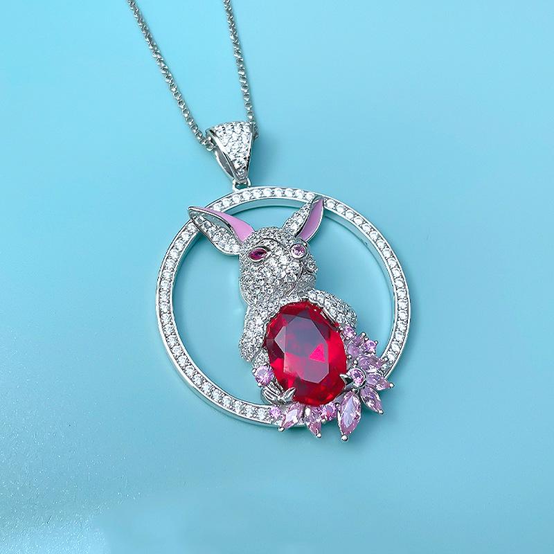 Lulu Tong Women's 925 Sterling Silver Rabbit Necklace with Pigeon Blood Red Stone - Ideal New Year Gift for Girlfriend