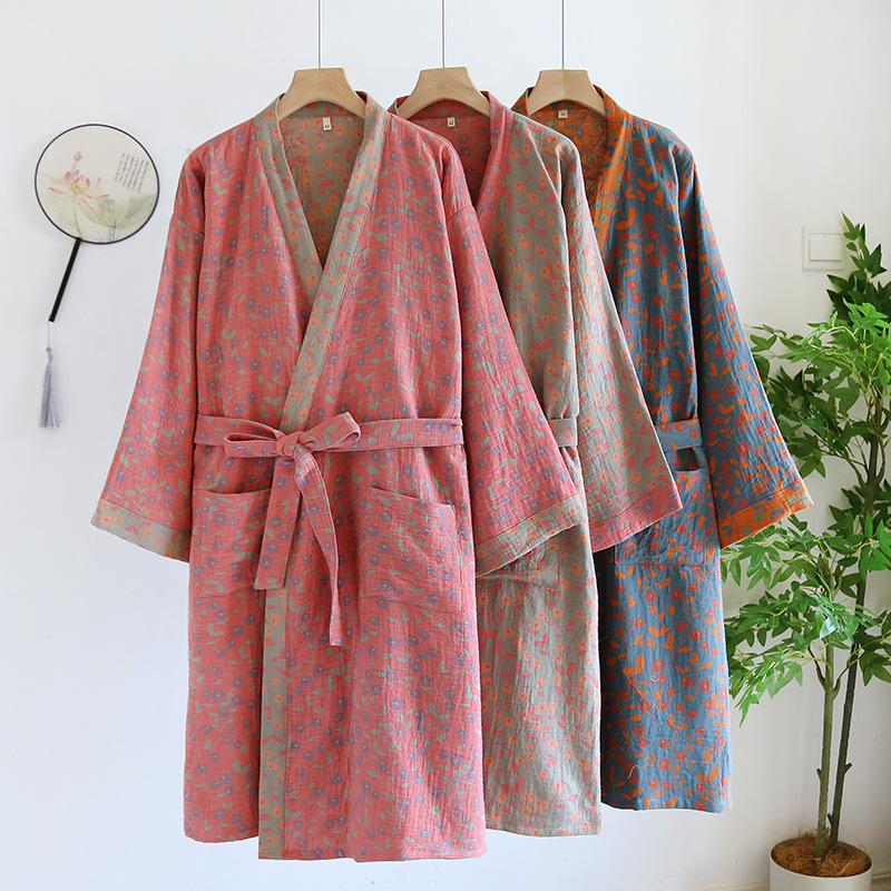 

Pure Cotton Robes For Women 3/4 Sleeve Spring Autumn Bathrobe Female Printed Morning Robes Loose Home Wear Sleep Dressing Gowns L