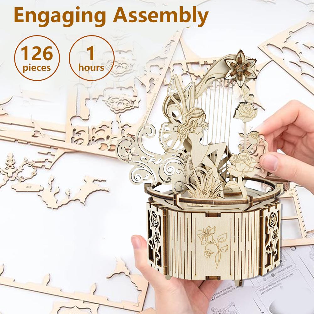 3D Puzzle Wooden Fairy Music Box DIY Assembly Model Building Kit Crafts STEAM Educational Toys Gift for Adults Teens Kids