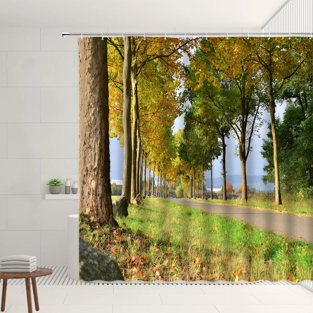 Autumn Mist Forest Scenery Shower Curtains Set Garden Plant Fallen Leaves Birds Home Bathroom Bathtub Decor Screens With Hooks