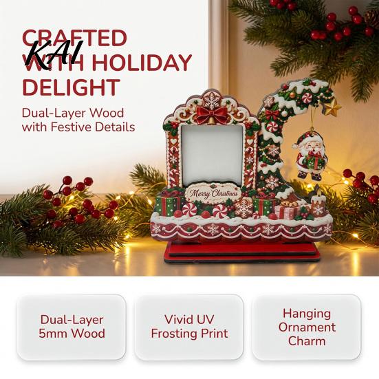 Holiday Photo Storage Christmas Wooden Frame, 2D Picture Holder with Santa Snowman & Snowflake Pendant, Family Display Frame for Home Mantel