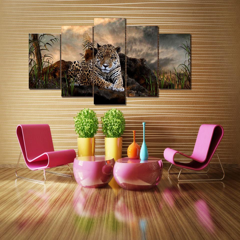 Hjemmeinnredning Moderne HD-trykte malerier Rammeverk 5-panel Dyreleoparder Modulære plakater Tableau Veggkunstbilder Lerret