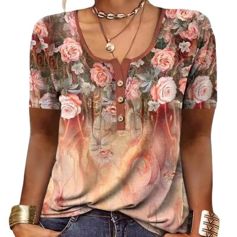 Elegant T-shirt Ladies Short-sleeved Fashion Ethnic Style Loose Retro Casual Button Shirt 3d Floral Print Loose Summer Top