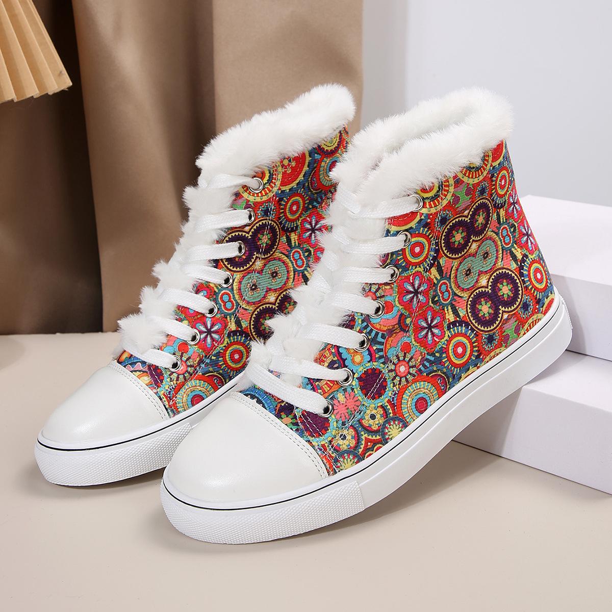 

2024 зимняя женская парусиновая плюшевая хлопковая обувь с толстым дном, модные теплые туфли с принтом, Zapatos Para Mujeres, повседневная обувь на плоской подошве, Tênis 43 разноцветный