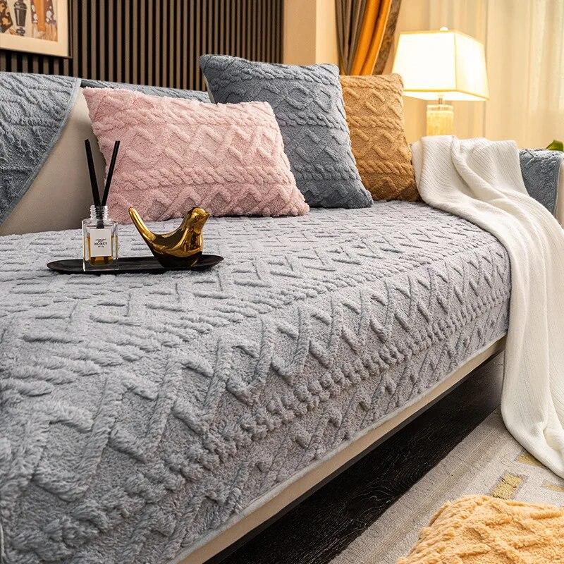 Simplicity Solid Color Thick Plush Sofa Covers Towel Soft Plush Couch Cover for Living Room L-shaped Corner Sofas Decor Cushion