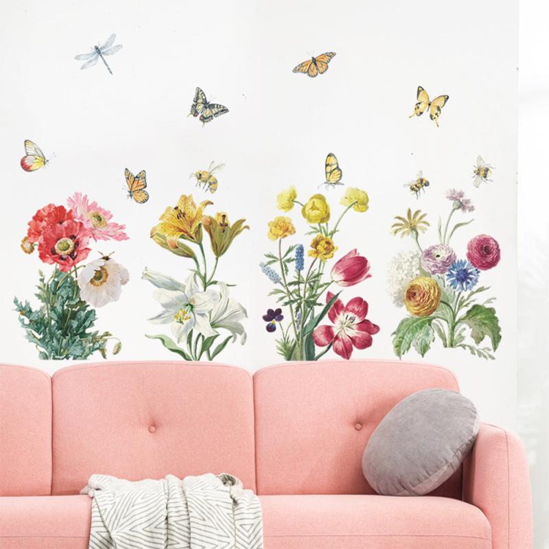 Wall  Sticker, Bright Flower Green Leaf Cluster Colored Butterflies Decoration Painting, Bedroom