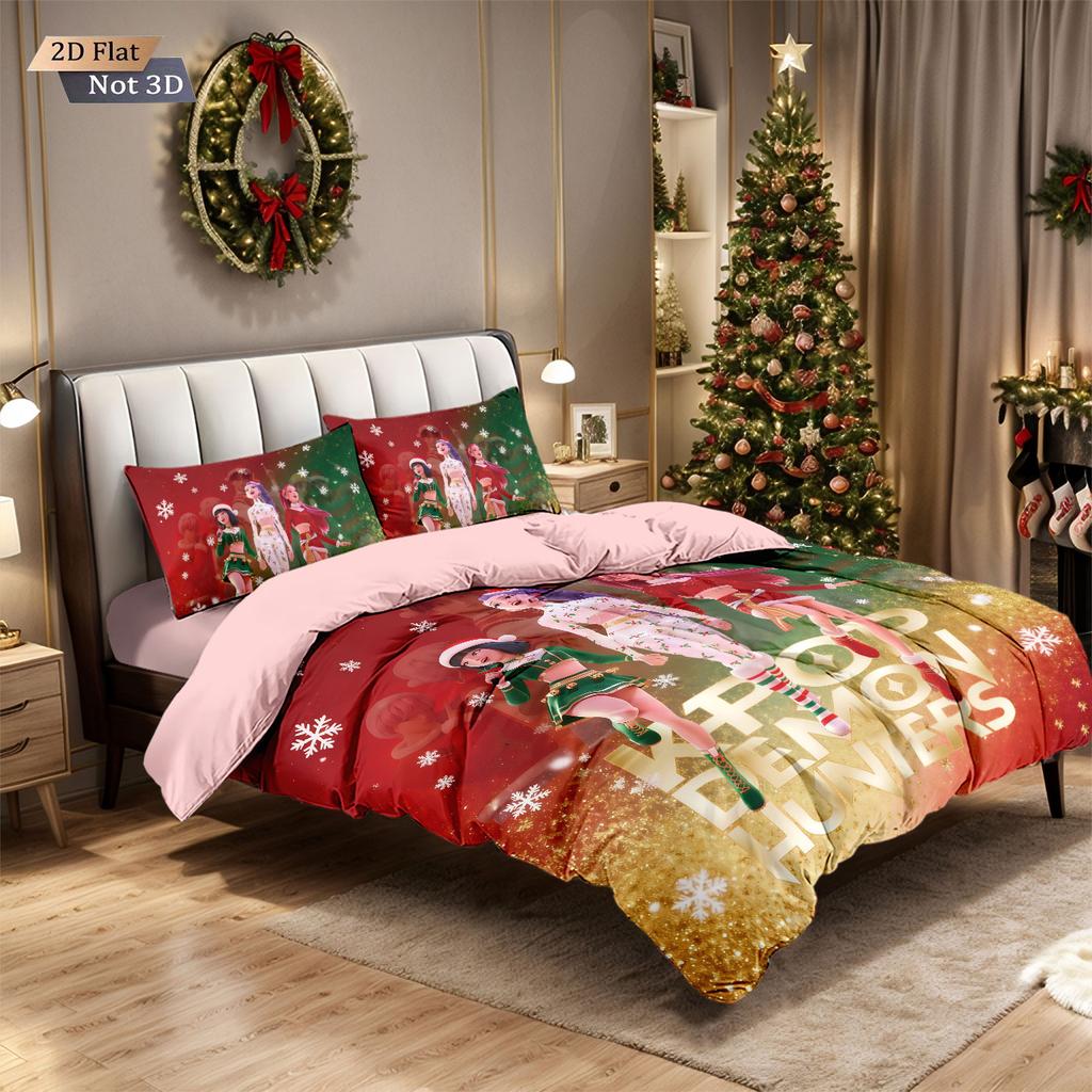 3pcs Christmas K-Pop Demon Hunters Printed Chipless Bedding Set Soft and Comfortable Dormitory Bedroom Multiple Sizes Machine Wa