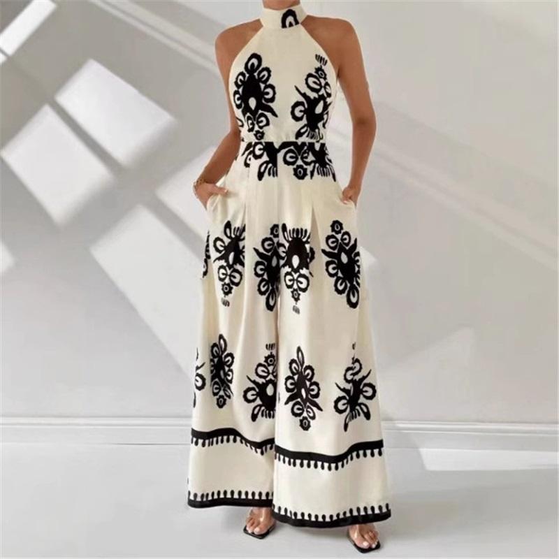 Women s Fashionable Casual Round-Neck Tie-Waist Fitted Printed Jumpsuit for Summer L
