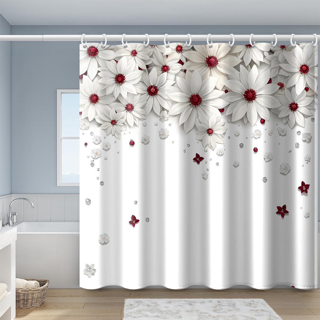 1pc Simple Fashion White Flower Pattern Printed Shower Curtain, Polyester Fabric with Hooks, Simple Style Window And Wall Bathtu