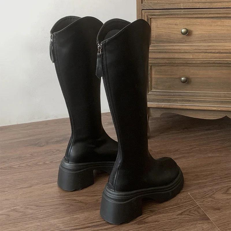 Vintage Women Knee High Boots Fashion Back Zippers Shoes Square High Heel Autumn Winter Ladies Knight Long Booties