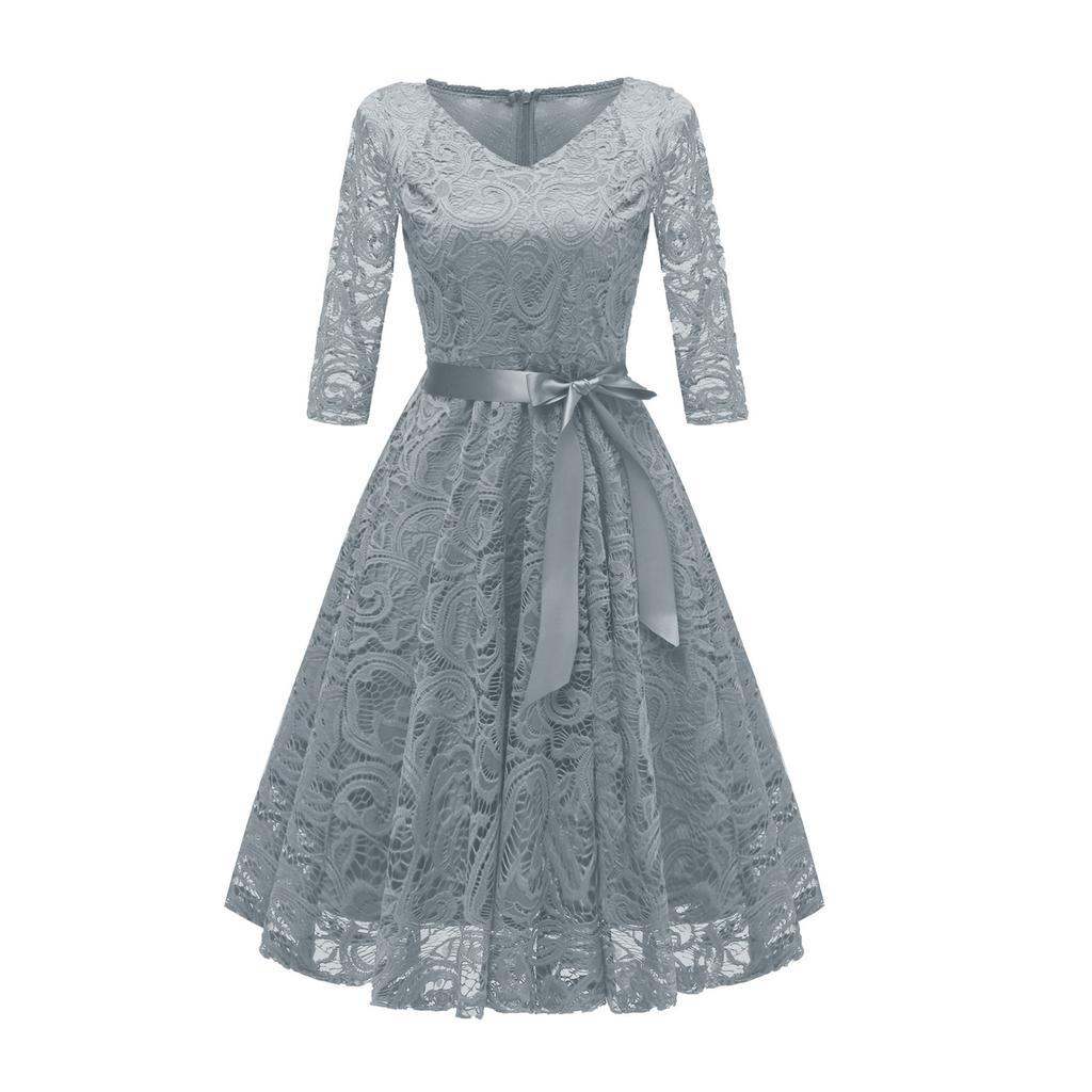 Women's Fashion Vintage V-Neck Long Sleeve Lace  Retro Slim Evening Dress