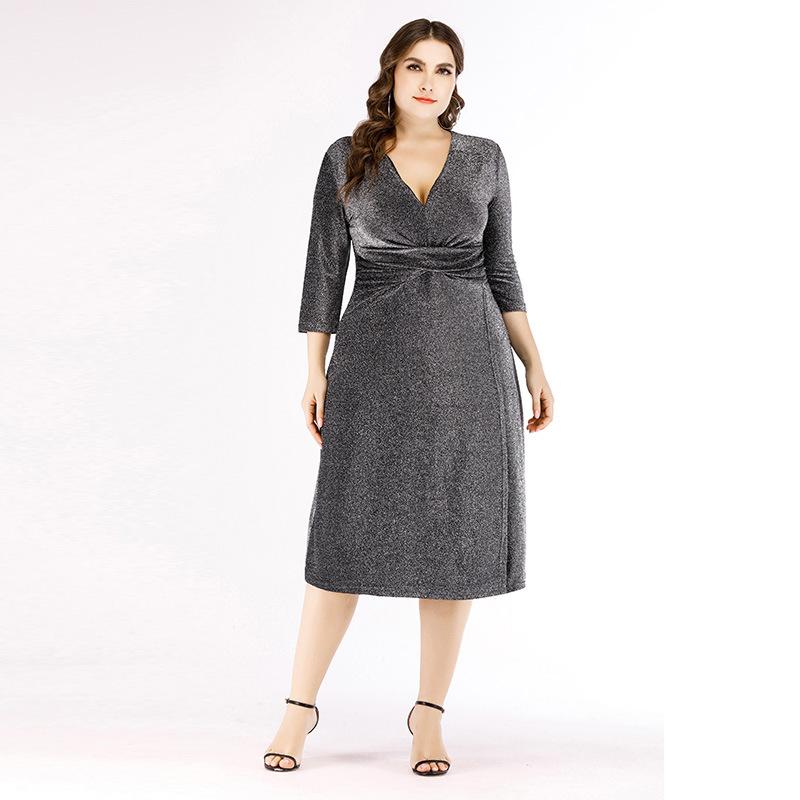 

Плюс Размер Женщин V-образный вырез Средний рукав Модное утягивающее платье 5XL серебряный