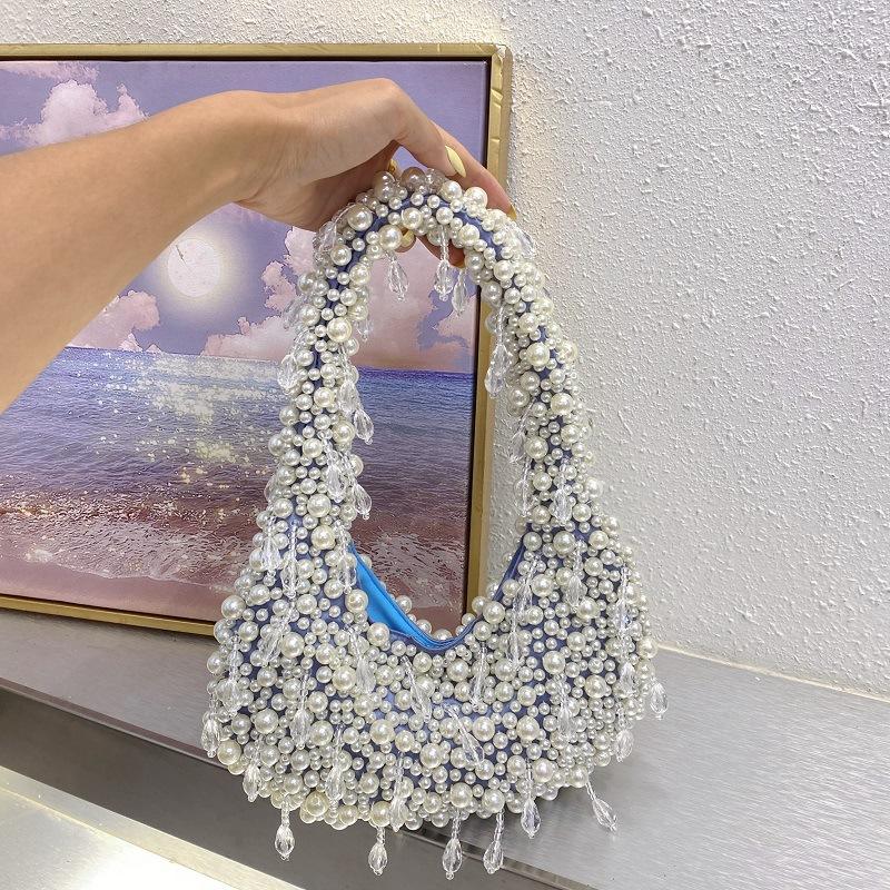 

High Quality Pearl Beaded Handmade Women Handbag Fashion Evening Bag Wedding Party Clutch Purse Beads Beading Woven Shoulder Bag