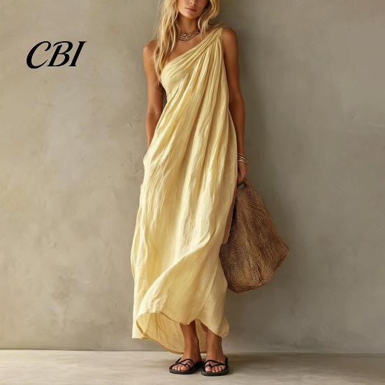 Retro Style Dress Women's Summer One Shoulder Beach Sundress, Pleated A-line Mid-length Loose Flowy Long Dress, Casual Travel Vacation Women