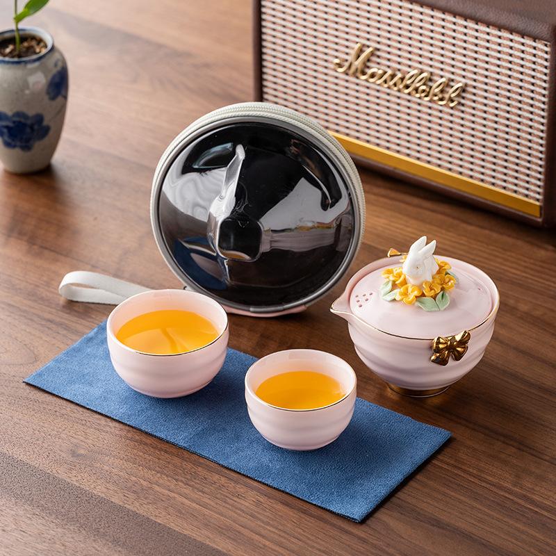 Cherry Blossom Powder Suet Jade Painted Gold, a Pot of Two Cups of Jade Rabbit Travel Tea Set, High-end Business Mid-Autumn Festival Gift