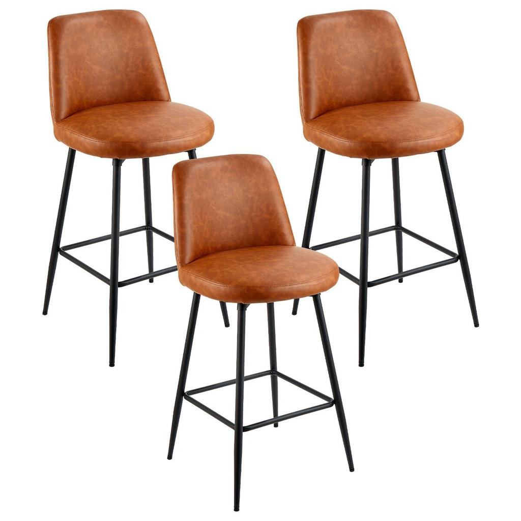 Bar Stool Set of 3, 69cm Counter Height Swivel Stools, Modern PU Leather Counter Barstool with Backrest and Metal Legs, Armless Bar Chair, Island