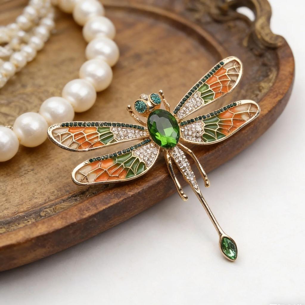 Agile Wings Dragonfly Brooch Qingdao Galaxy Memoir Retro Drip Oil Insect Green Crystal Women's Chest Flower Pin