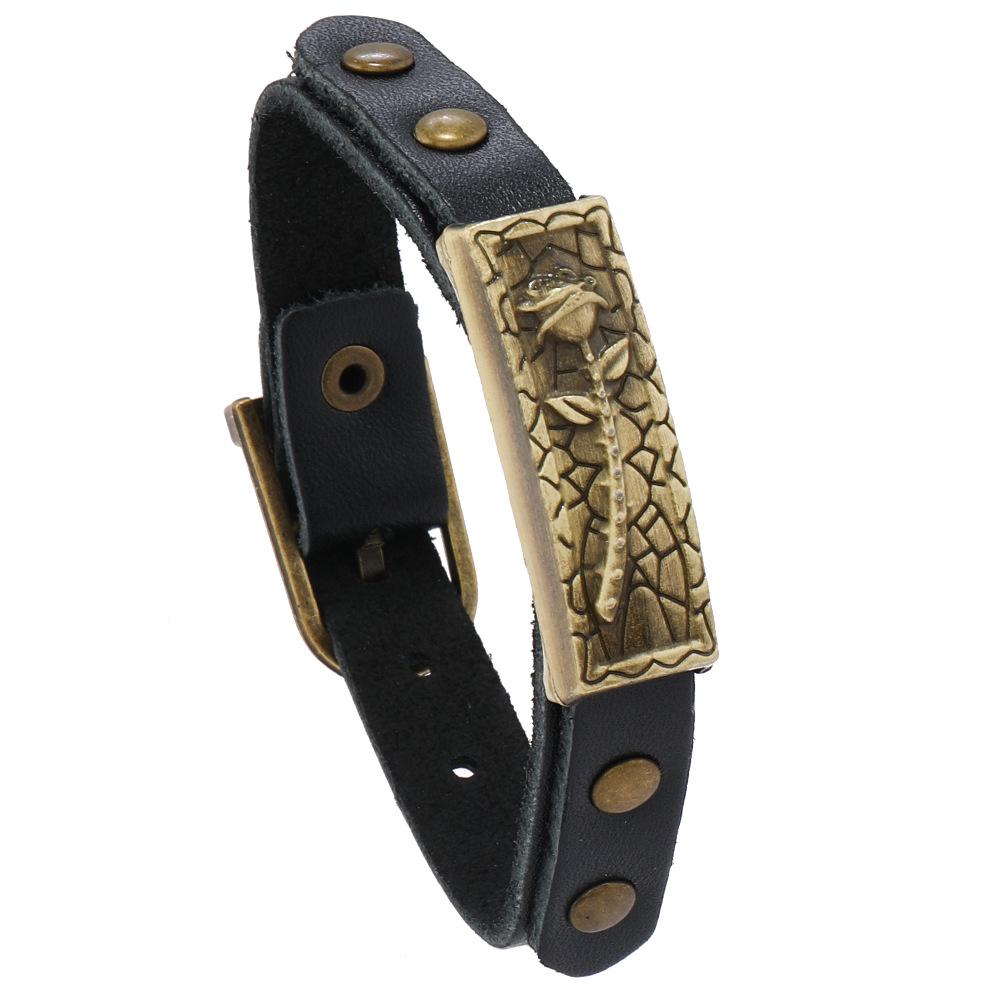 Retro Cowhide Leather Bracelet with Alloy Rose - Adjustable Men's Bangle