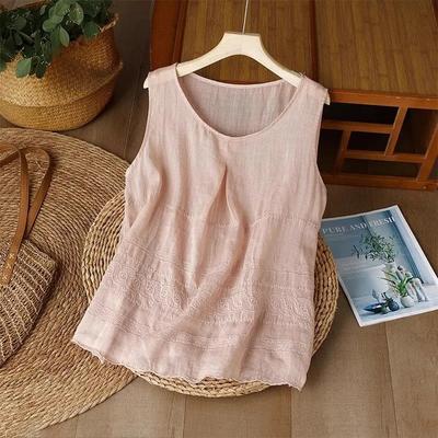 Women Geometric Embroidery Sleeveless Tank Top Round Neck Casual Loose Fit Linen Blend Blouse
