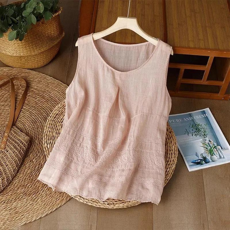 Canotta da donna senza maniche con ricamo geometrico, girocollo, casual, vestibilità ampia, camicetta in misto lino
