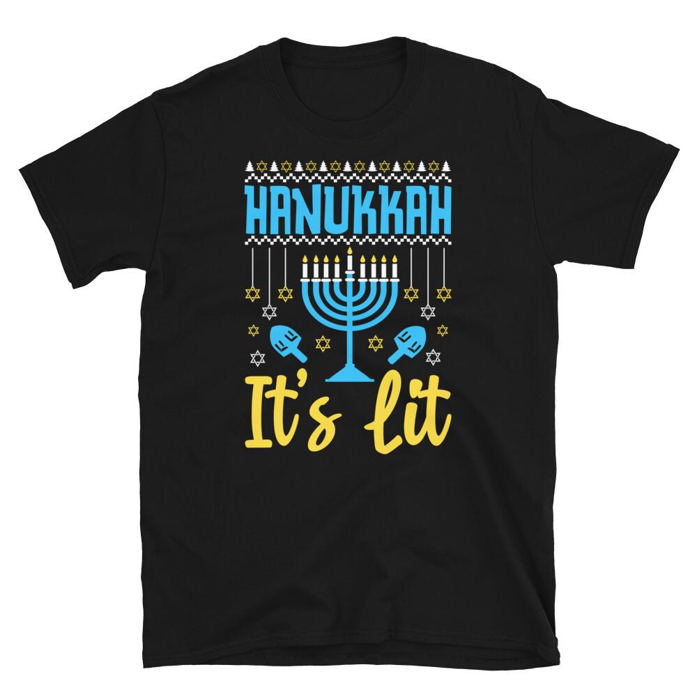 

Hanukkah It’s Lit Jewish Holiday Menorah Dreidel Short-Sleeve Unisex T-Shirt M