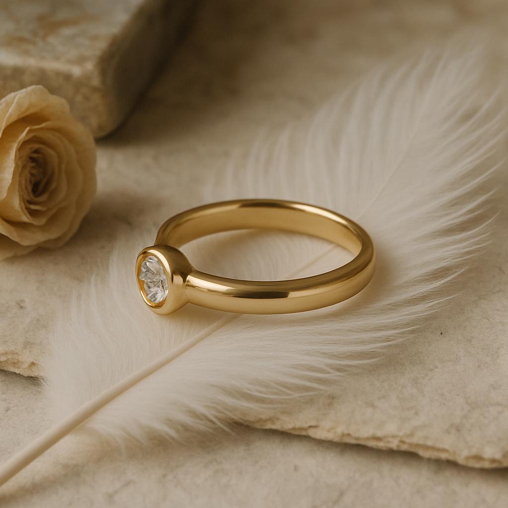 Okrągły pierścionek solitaire z cyrkonią sześcienną w oprawie bezelowej, platerowany żółtym złotem, srebro sterlingowe 925, minimalistyczna biżuteria zaręczynowa, prezent rocznicowy dla niej