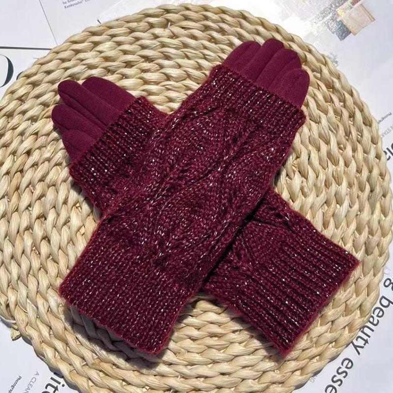 Two-Piece Women'S Gloves, Warm And Cold-Proof Outdoor Travel Touch-Screen Gloves, Non-Pouring Fleece, Double-Mouth Knitted Gloves