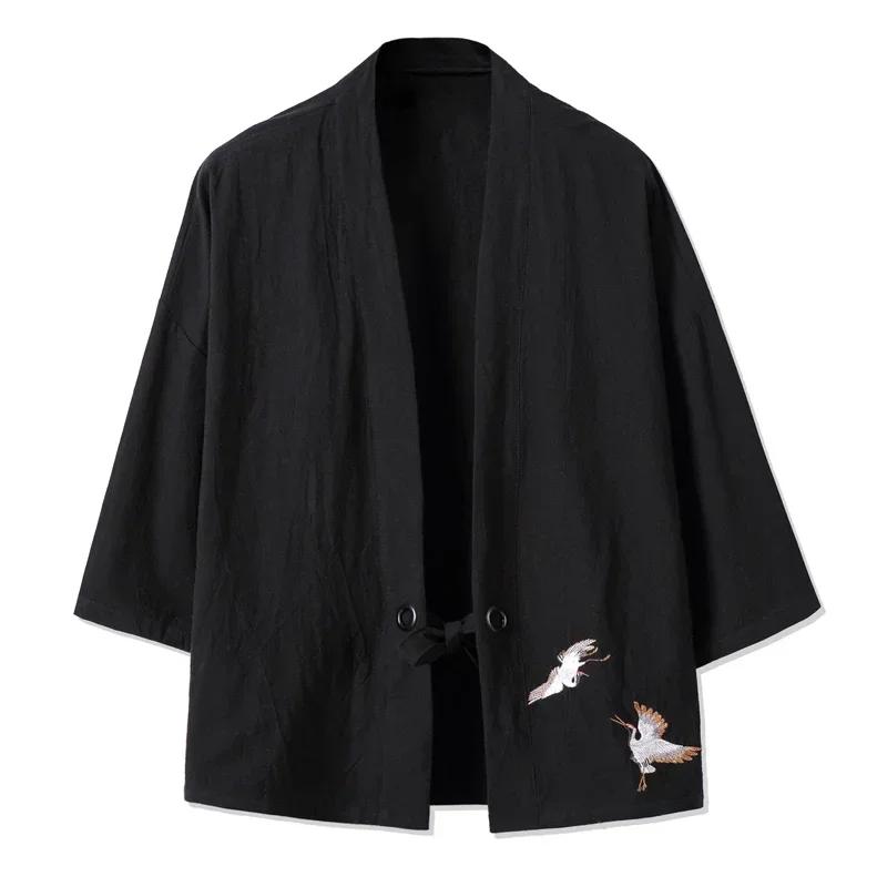 Pánské topy Harajuku Hanfu s výšivkou jeřába, kardigany v čínském stylu, ležérní bavlněné košile, pánské samurajské yukata, pánské kimonové roucho, bundy