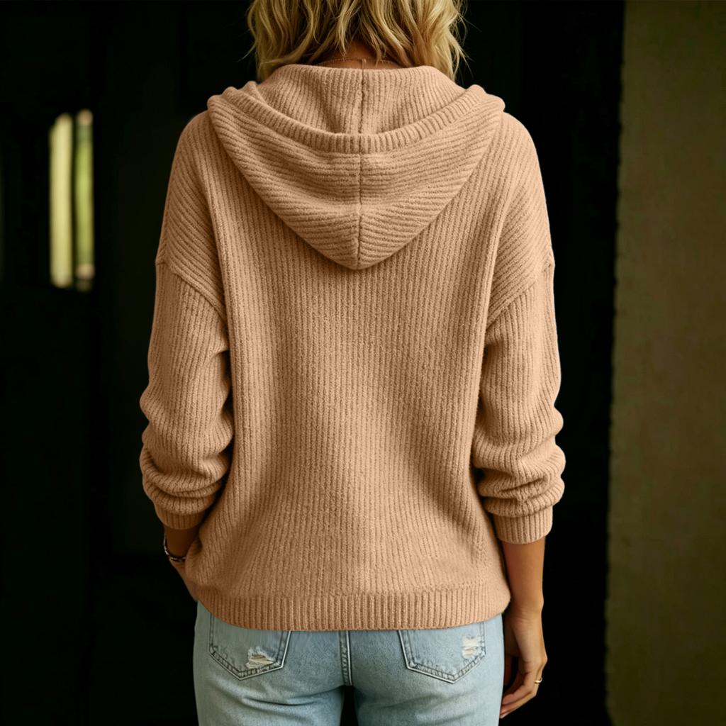 Women's Color V-Neck Long Sleeve Hooded Button Front Casual Top